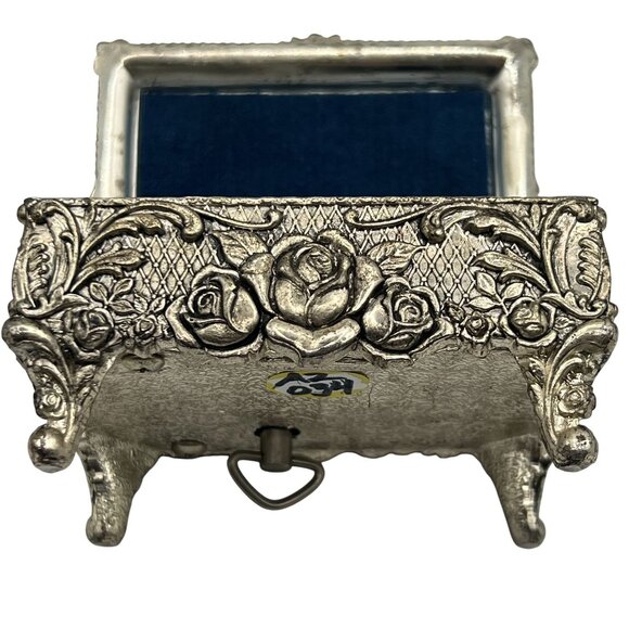 Vintage Silver Plated Blue Velvet Trinket Footed Music Box Roses Made In Japan - Picture 15 of 16